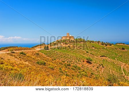 View of hills and Fort Saint-Elme in Collioure, Southern France