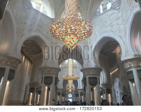 ABU DHABI, UAE-FEB 11, 2017: Sheikh Zayed Grand Mosque in Abu Dhabi, United Arab Emirates. It is the key place of worship in the UAE and may be visited by more than 40,000 people during Eid.
