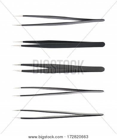 Black metal anti-static tweezers tool isolated over the white background, set of five different foreshortenings