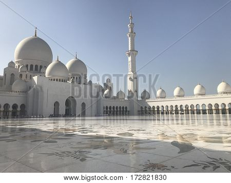 ABU DHABI, UAE-FEB 11, 2017: Sheikh Zayed Grand Mosque in Abu Dhabi, United Arab Emirates. It is the key place of worship in the UAE and may be visited by more than 40,000 people during Eid.