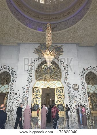 ABU DHABI, UAE-FEB 11, 2017: Sheikh Zayed Grand Mosque in Abu Dhabi, United Arab Emirates. It is the key place of worship in the UAE and may be visited by more than 40,000 people during Eid.