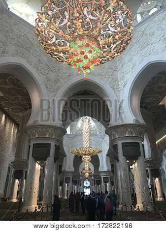 ABU DHABI, UAE-FEB 11, 2017: Sheikh Zayed Grand Mosque in Abu Dhabi, United Arab Emirates. It is the key place of worship in the UAE and may be visited by more than 40,000 people during Eid.
