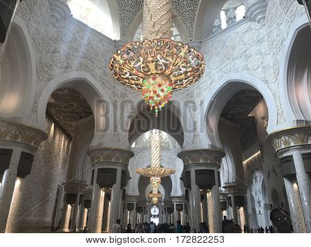 ABU DHABI, UAE-FEB 11, 2017: Sheikh Zayed Grand Mosque in Abu Dhabi, United Arab Emirates. It is the key place of worship in the UAE and may be visited by more than 40,000 people during Eid.