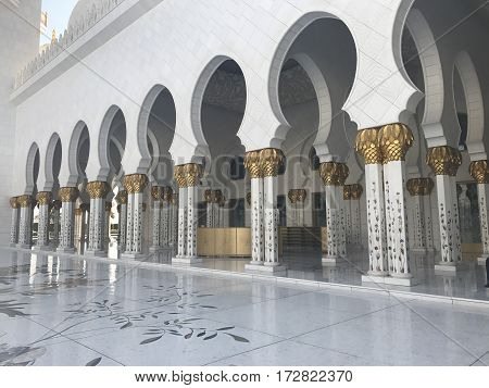 ABU DHABI, UAE-FEB 11, 2017: Sheikh Zayed Grand Mosque in Abu Dhabi, United Arab Emirates. It is the key place of worship in the UAE and may be visited by more than 40,000 people during Eid.