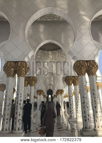 ABU DHABI, UAE-FEB 11, 2017: Sheikh Zayed Grand Mosque in Abu Dhabi, United Arab Emirates. It is the key place of worship in the UAE and may be visited by more than 40,000 people during Eid.