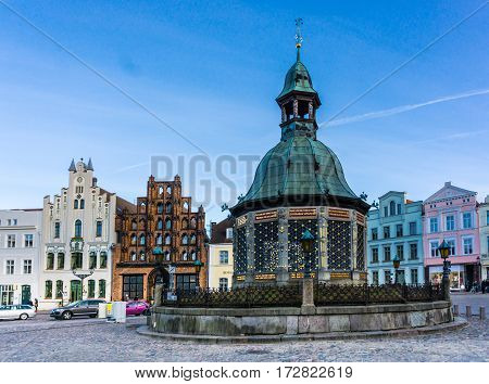 WISMAR GERMANY - February 21 2017: View of the Market Square in the Old Town of Wismar