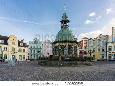 WISMAR GERMANY - February 21 2017: View of the Market Square in the Old Town of Wismar
