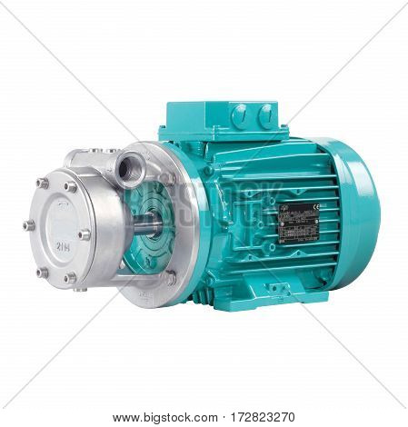 Stainless Steel Water Pump Isolated On White Background. Multiphase Wastewater Pump. Stainless Steel