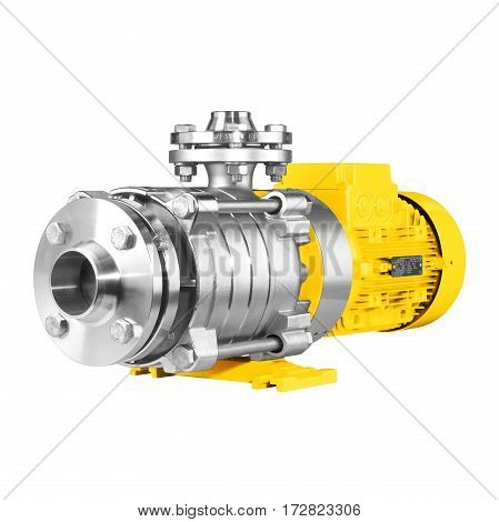 Water Pump Isolated On White Background. Multiphase Wastewater Pump. Yellow And Stainless Steel