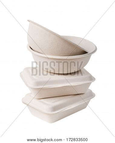 Group of product made from bagasse for container food Box bowl and cup. Isolated on white background Clipping path.