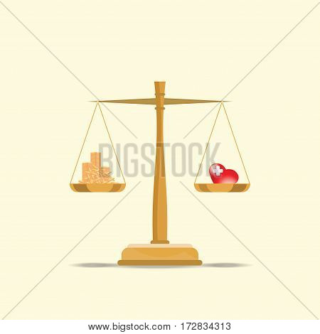 Balance your health and make money for life time with scales health and time conceptual flat design vector illustration.
