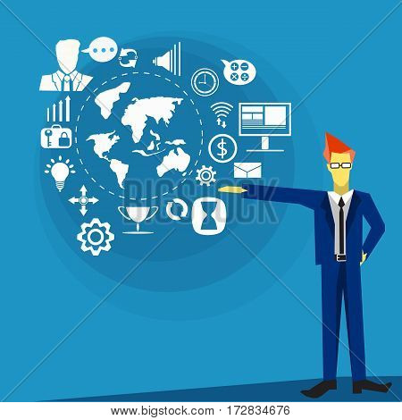 Vector business man with icons communication technology