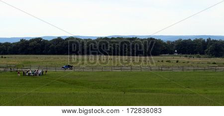 Panoramic view from the angle and the high water mark of the confederacy on Cemetery Ridge looking west towards Seminary Ridge, Getysburg national military park, Getysburg Pennsylvania
