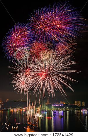 Pattaya display on the Mountain and Fireworks new year 2016 - 2017 night celebration at Pattaya beach Pattaya city Thailand