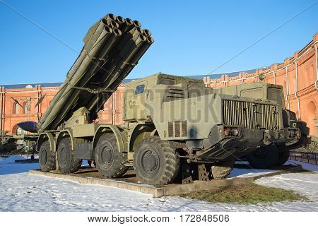 SAINT PETERSBURG RUSSIA - JANUARY 20 2017: Fighting vehicle reactive volley-fire systems 9A52 