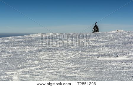 Backpack With Ice Axes And Trekking Poles In The Snow.