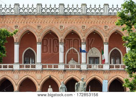 PADUA ITALY - MAY 3 2016: Lodge Amulea in the Great piazza of Prato della Valle also known as Ca' Duodo Palazzo Zacco in Padua Italy
