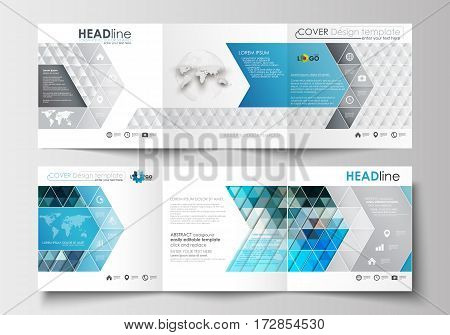 Set of business templates for tri-fold brochures. Square design. Leaflet cover, abstract flat layout, easy editable blank. Abstract triangles, blue and gray triangular background, modern polygonal vector