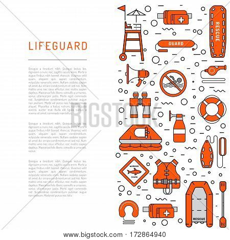 Lifeguard flat outline icons set with with equipment and rescue equipment for the rescue of drowning. Water rescue symbols isolated vector illustration