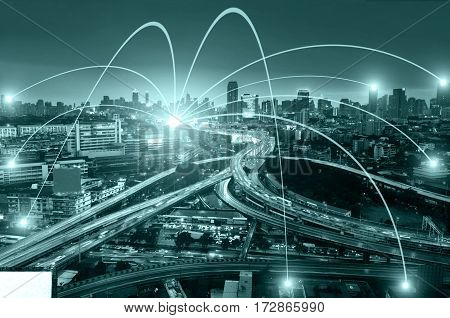 Business networking connection concept and Wi-Fi in city.Technology communication.Background blur building in the capital.