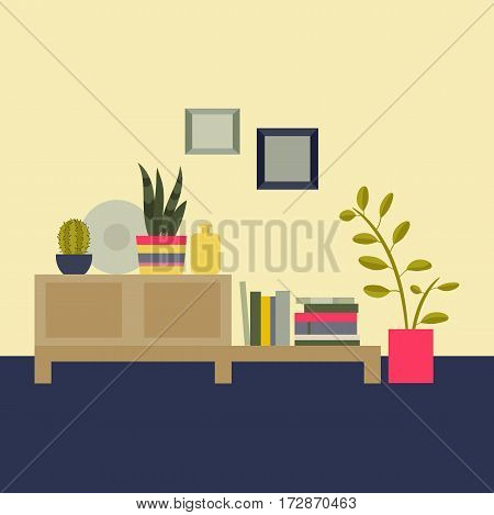 Vector illustration. Interior living room. Bookcase, potted plants, vases, paintings, decorative objects. The elements for graphic design. Flat style.
