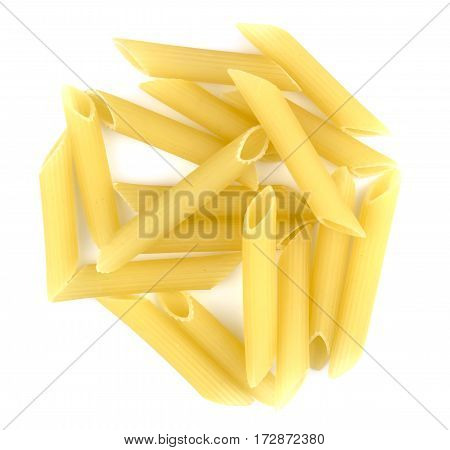 A portion of penne pasta isolated on white