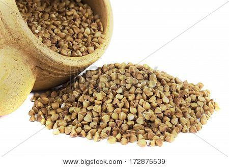 Buckwheat on white background useful and tasty natural