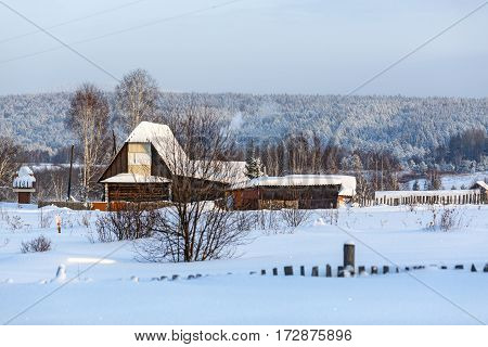 Winter in Russian old-believer village Visim situated in the low Middle Ural Mountains of Sverdlovsk region, Russia