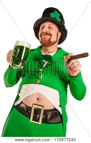 Photo of a man in a Leprechaun costume holding green beer and smoking a cigar.