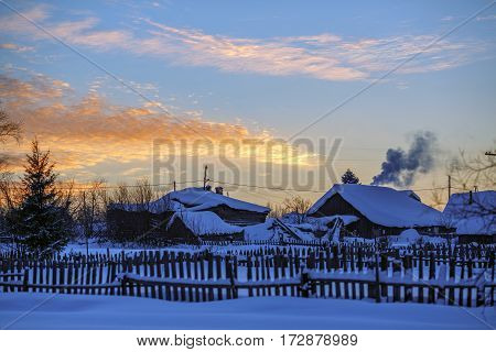 Russian old-believer village Visim in winter evening. Low Middle Ural Mountains of Sverdlovsk region Russia