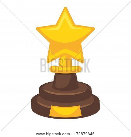 Golden award in star shape isolated on white. Reward trophy on brown stand given to people who win contests and competitions. Metal golden trophy representing first place prize, icon of success