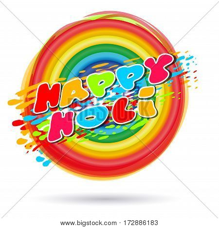 Rings painted in colors of the rainbow. Happy Holi. Rainbow colored ring isolated on white background.  Illustration of holi background with greeting inscription - Happy Holi. Vector illustration