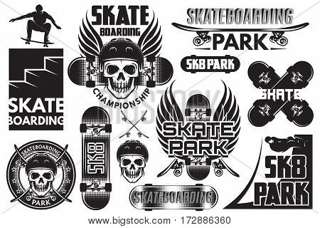 Set of monochrome vector templates for skeytboarding with skull board wings and other elements