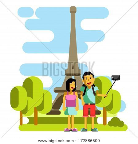 Young couple taking selfie near Eiffel Tower. Vector illustration in flat style of boy and girl visiting Paris and posing for phone camera on selfie stick. Tourist pair relaxing in France in summer