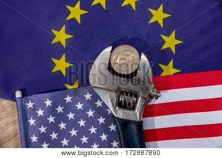 Us Flag. European Community Flag. Sanctions Of Russian