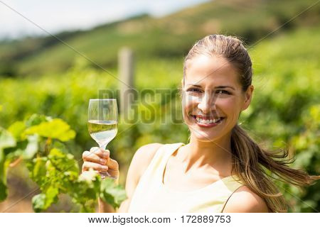 Portrait of female vintner holding wine glass in vineyard