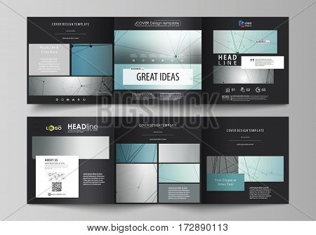 Set of business templates for tri fold square design brochures. Leaflet cover, abstract flat layout, easy editable vector. Geometric background, connected line and dots. Molecular structure. Scientific, medical, technology concept.