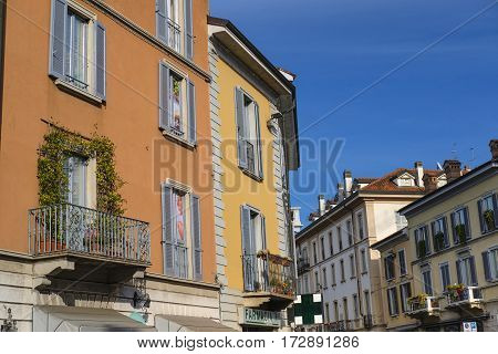 monza, italy - october 16, 2016: Monza (Brianza Lombardy Italy): historic buildings along via Vittorio Emanuele II