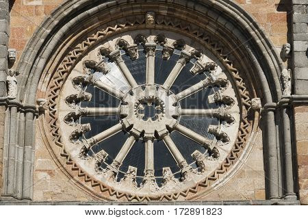 Avila (Castilla y Leon Spain): facade of the historic Santa Teresa church: rose window