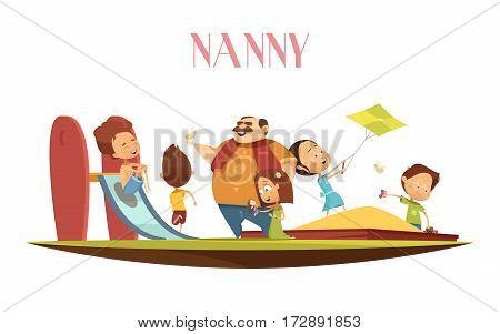 Male babysitter enjoys playing with kids flying kite outdoor on playground with slide retro cartoon vector illustration