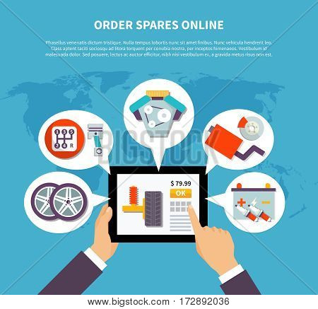 Order auto spares online design concept with battery wheels brake pads and human hands holding tablet decorative elements flat vector illustration