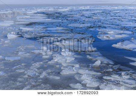 Frozen ice floe on Lake Nohur.Gabala Azerbaijan