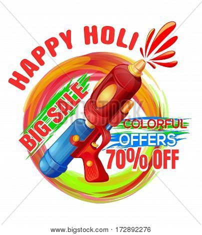 Promotional background with pichkari for Holi festival. Big sale. Colorful offers. Best Holi Pichkari guns gulaal for happy Holi. Vector editable illustration