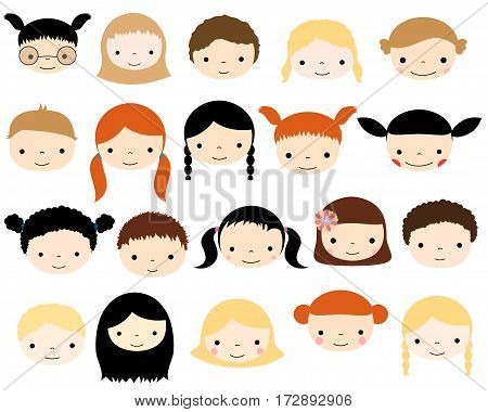 Cute vector kids faces - Caucasian boys and girls heads in flat style