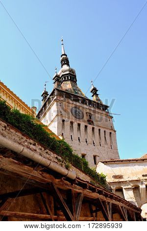 Urban landscape in the downtown of the medieval city Sighisoara, Transylvania, Romania