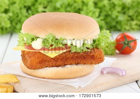 Fish Burger Fishburger Hamburger Onion Tomatoes Lettuce Cheese