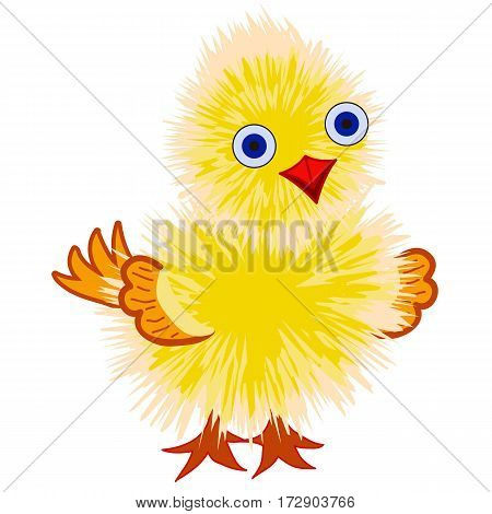 Fluffy yellow chick isolated on white background, cartoon or game character. Vector illustration