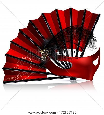 white background and the red fan with crimson half-mask, feathers, veil