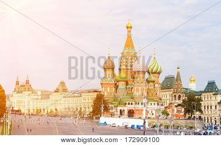 Vasilyevsky Spusk square with Saint Basil's Cathedral and GUM in Moscow