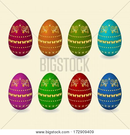 Set Easter golden eggs with flowers butterfly leaves geometric ornament. Vector illustration.